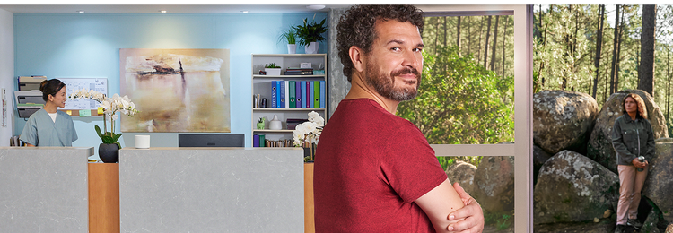 Actor portrayal of an adult man at least 19 years of age smiling with arms crossed with doctors office and woods in the background